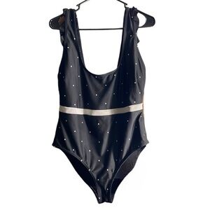 Peek & Beau Black White Ruffle Shoulders Swimsuit Size 14 EUC #2474